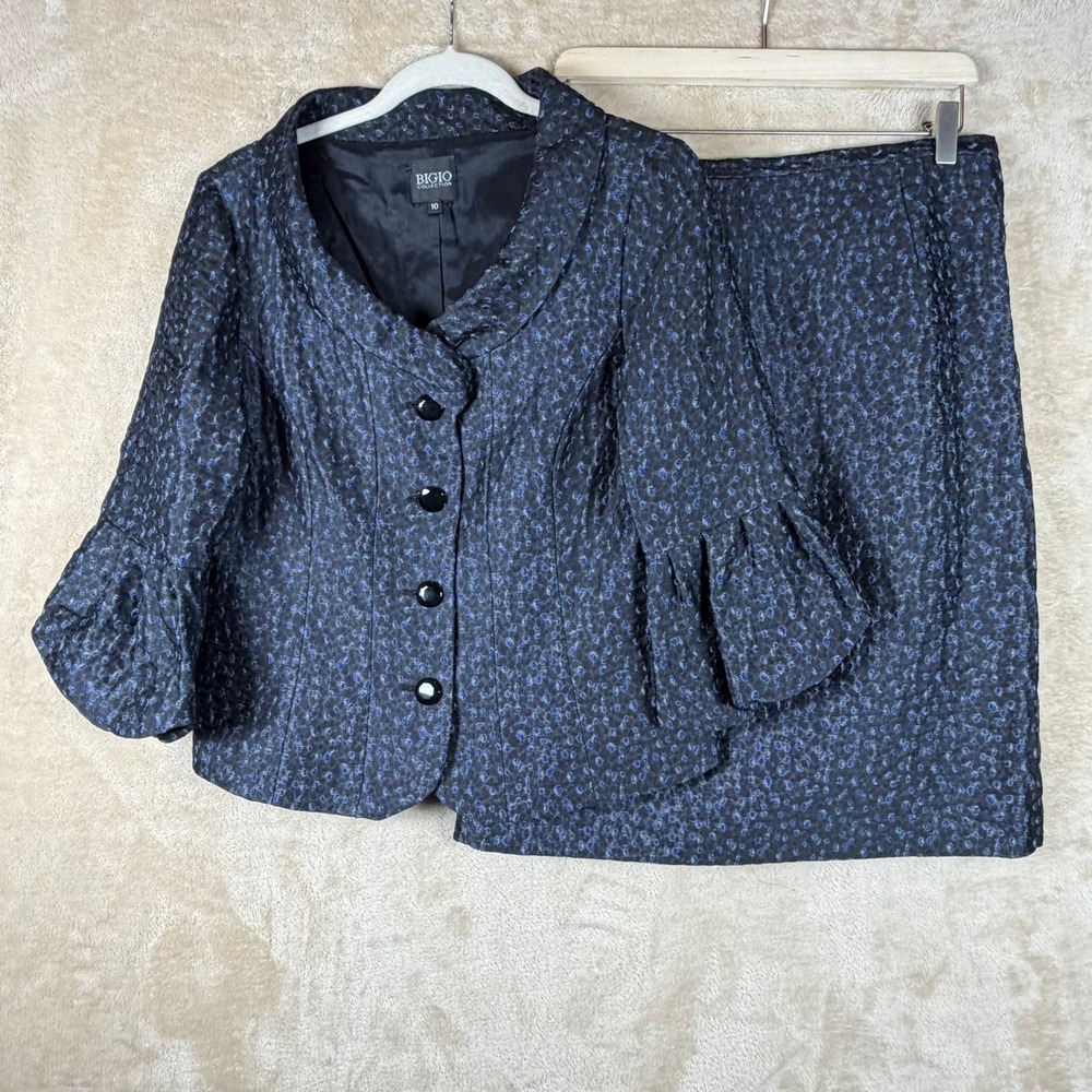 Bigio Collection Navy Blue Jacquard Skirt Suit Set Bell Sleeve Jacket Size 10